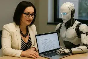 AI content and LLM article creation image of a woman Arna Jade creating an article with a robotic version of ChatGPT